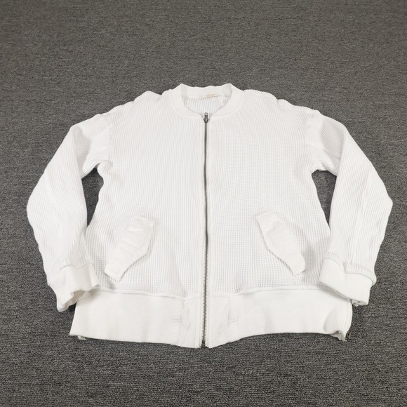 Mystree Sweater Womens Small White Waffle Knit Full Zip Bomber Jacket Pockets - Picture 1 of 8